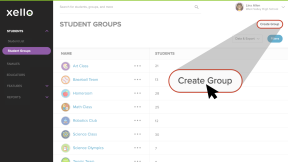 Student groups page open. Create Group button highlighted with cursor hovering over it